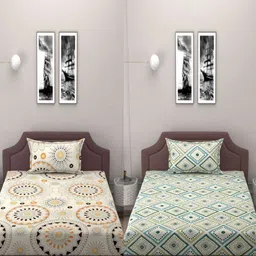 BELVOSTUM Green & Cream-Coloured Geometric 250 TC 2 Single Bedsheet with 2 Pillow Covers-picture-33