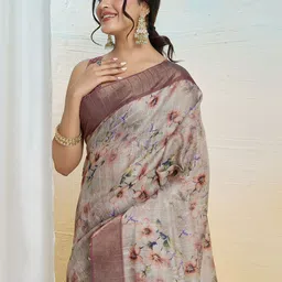 Ethnielle Floral Printed Zari Saree With Blouse Piece-picture-18