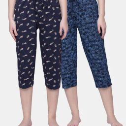 Kryptic Blue Pure Cotton Elasticated Waist Band Relaxed Fit Printed Capris - Pack of 2-image-56