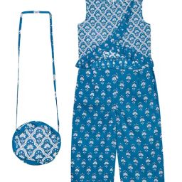 Budding Bees Kids Blue Floral Print Top, Pants with Bag-image-70