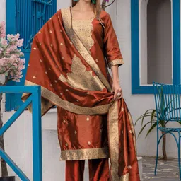 Twika Ethnic Motifs Woven Design Jacquard Straight Kurta With Trouser And Dupatta-image-7