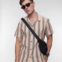 FCUK Men Smart Striped Textured Cuban Collar Pure Cotton Casual Shirt-image-53
