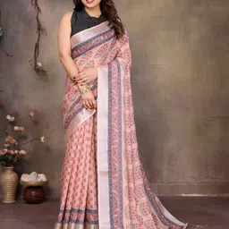 Shriyangan Floral Zari Pure Linen Block Print Saree-image-6