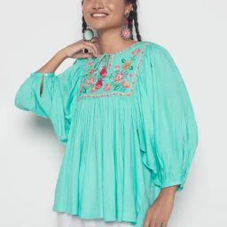 Global Desi Aqua Floral Top-image-13