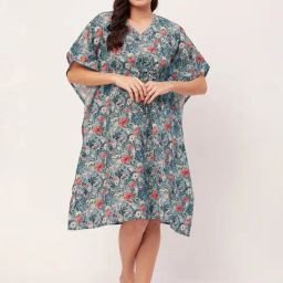 Moomaya Blue Cotton Floral Print Kaftan Night Dress-image-78