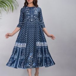 Inara Robes Women Ethnic Motif Printed Indigo A-Line Kurta-image-25