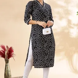 Anouk Black & White Polka Dot Printed V-Neck Thread Work Cotton Straight Kurta-image-71