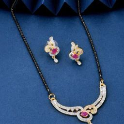Fida Luxurious Gold-Plated Floral American Diamond Mangalsutra Set for Women-image-10