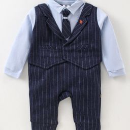 Mini Taurus Full Sleeves Striped Party Romper with Tie - Blue-picture-14