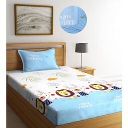 Arrabi Multi Cartoon TC Cotton Blend Single Size Fitted Bedsheet with 1 Pillow Cover - Blue-image-62