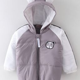 Little Kangaroos Full Sleeves Solid Color Drop Shoulder Hooded Jacket With Bear Applique - White-picture-17