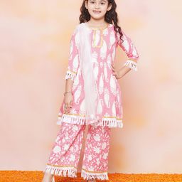 AJ Dezines Three Fourth Sleeves Paisley & Floral Motif Printed With Tassel Hem Detailed Coordinating Kurta & Sharara Set - Pink-image-10