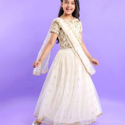 Pine Kids Woven Half Sleeves Sequin Embroidered Choli Lahenga Set with Dupatta - White-image-25