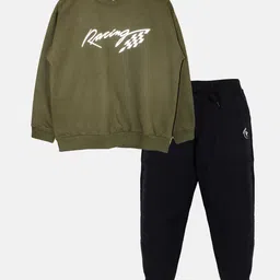 Kiddopanti Fleece Full Sleeves Racing Text Printed Sweatshirt With Joggers Track Set  - Military Green & Jet Black-picture-43