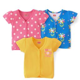 Babyhug 100% Cotton Knit Half Sleeves Vest Polka Dot & Floral Print Pack of 3 - Pink Yellow & Blue-image-82