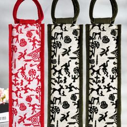 Kuber Industries Bottle Bag  Jute Carry Bag  Water Bottle Cover  Wine Bottle Bag  Reusable Bottle Bag with Handle  Bottle Bag for Office  Warli-Print Gift Bag  Pack of 3  Multi-78
