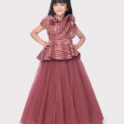 Betty By Tiny Kingdom Sleeveless Shimmer & Floral Applique Detailed Party Wear Net Gown - Brown-image-16