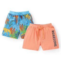 Babyhug Cotton Knit Shorts with Animal Print Pack of 2 - Blue & Peach-image-77