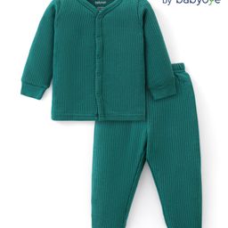 Babyoye Cotton Modal Blend Knit Full Sleeves Front Open Thermal Vest & Pant Set - Green-image-74
