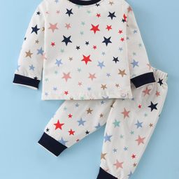 Ollypop Sinker Knit Full Sleeves Night Suit with Star Print - Cream-image-13