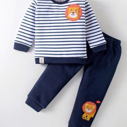 ToffyHouse Fleece Knit Full Sleeves Winter Wear Striped T-Shirt & Lounge Pant Set With Lion Patch - Navy Blue & White-picture-11