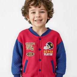 Babyhug Cotton Knit Full Sleeves Drop Shoulder Front Open Bomber Jacket with Patch Detailing - Red-image-84