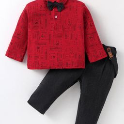 ToffyHouse 100% Cotton Knit Full Sleeves Text Printed Shirt Trouser with Bow & Suspender - Charcoal Grey-image-31