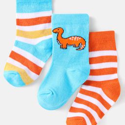 Cute Walk by Babyhug Cotton Knit Anti-Bacterial Ankle Length Dino & Stripe Designed Socks Pack of 3 - Orange & Blue-image-97