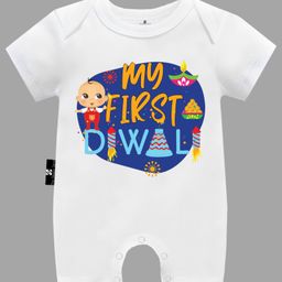 The Peppy Tend Diwali Theme 100% Cotton Half Sleeves My First Diwali Text Printed Half Romper - White-picture-24