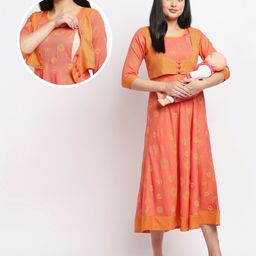 True Shape Three Fourth Sleeves Circles Printed Maternity Flared Kurta With Concealed Zipper Nursing Access - Orange-81