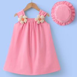 Mark & Mia Cotton Sleeveless Frock with Hat & Floral Applique - Pink-image-71