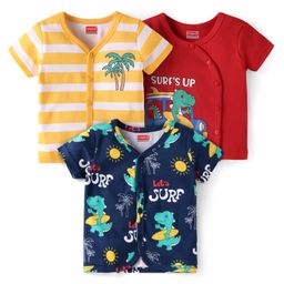 Babyhug Interlock Knit Half Sleeves Front Open Vests with Beach Theme Print & Stripes Pack of 3 - Red Navy Blue & White-picture-2