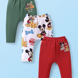 Babyhug Disney Cotton Knit Full Length Diaper Leggings With Mickey Mouse Graphics Pack Of 3 - Dark Green & Red-image-16