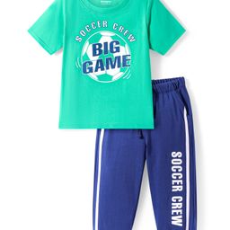 Honeyhap Premium Cotton Knit Half Sleeves Bio Finish Night Suit with Text Print & Tape Detailing - Mint & Limoges-16