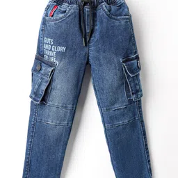 Olio Kids Denim Woven Full Length Jeans With Cargo Pockets & Text Print- Navy Blue-picture-28