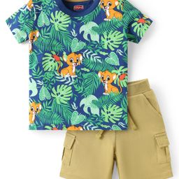 Babyhug Single Jersey Knit Half Sleeves T-Shirt & Shorts Set with Jungle Theme Print - Olive Green & Blue-image-87