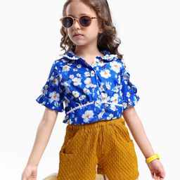 Ollington St. Woven Half Sleeves Floral Printed Shirt Top & Textured Shorts - Blue-image-86