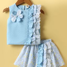 ToffyHouse Knit Sleeveless Schiffli Detailed Top & Skirt Set With Floral Print & Applique - Light Blue-image-83