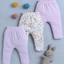 BUMZEE Cotton Pack Of 3 Striped & Unicorn Printed Diaper Leggings - White & Lavender-image-55
