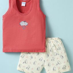 Tango Single Jersey Knit Sleeveless Bear Printed Vest & Knee Length Shorts Set - Red & Cream-20