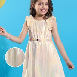 Hola Bonita Knit Sleeveless Shiny Fabric Solid Frock With Belt - Cream-picture-36