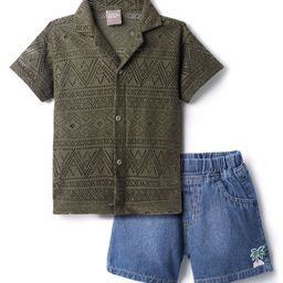 Little Kangaroos Cotton Knit Half Sleeves Shirt & Shorts Set With Schiffli Design - Olive Green-image-92