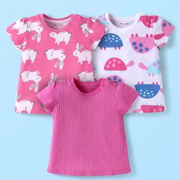 Kookie Kids Single Jersey Knit Half Sleeves T-Shirts with Animal & Polka Dots Print Pack of 3 - Pink & White-image-28