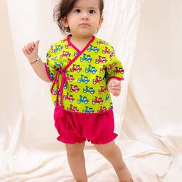 BownBee Cotton Half Sleeves Scooters Printed Jhabla & Shorts Set - Green-image-57