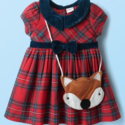 Babyhug Cotton Woven Collar Neck Half Sleeves Checkered Frock With Sling Bag - Red-image-5