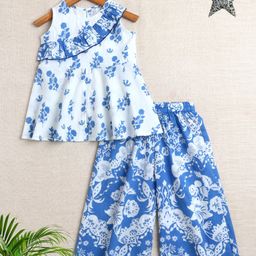 The Magic Wand Cotton Woven Sleeveless Floral Printed Top & Coordinating Pant Set - Blue-image-92