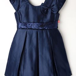 Tweetoons Woven Cap Sleeveless Pleated Party Dress with Bow Applique & Sequin Detailing - Navy Blue-image-3