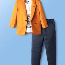 Dapper Dudes Street Sports Text Printed Tee & Trousers With Full Sleeves Blazer Set - Mustard-picture-8