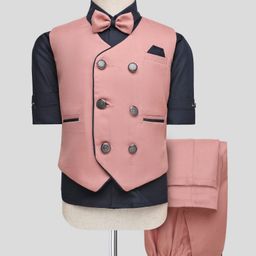 Rikidoos Full Sleeves Textured 3 Piece Party Suit With Bow Set - Navy Blue & Peach-picture-13