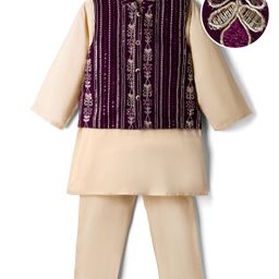Babyhug Cotton Woven Full Sleeves Kurta Pajama Set with Jacket & Floral Embroidery - Beige-picture-17